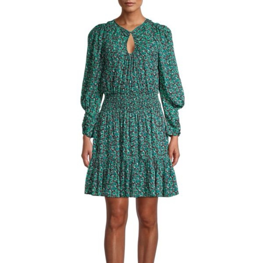 Rebecca Taylor Climbing Rose Green Silk Long Sleeve Dress Large Floral